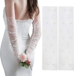 1 Pair Long Wedding Tulle Gloves White Pearls Bridal Arm Sleeves Elbow Length Fingerless Bride Gloves Prom Wrist Band Cuffs Costume Party Cosplay Accessories for Women Ladies