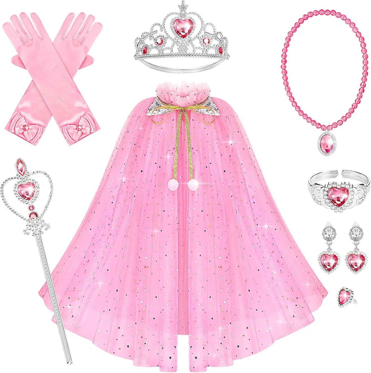 10 Pieces Princess Cape Set Dress up Clothes for Little Girls Party Cosplay Cloak with Jewelry Tiara Crown Wand Gloves