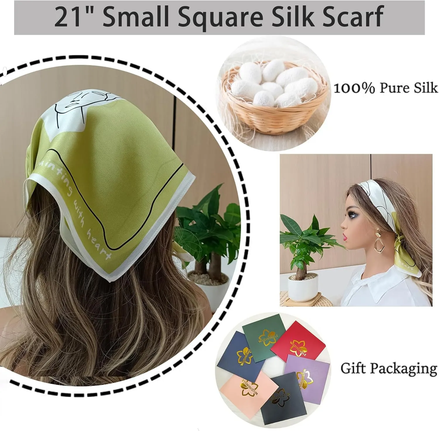 100% Mulberry Silk Neck Scarf, 21"x21" Silk Hair Head Scarf for Women Men, Lightweight Square Silk Scarf Small