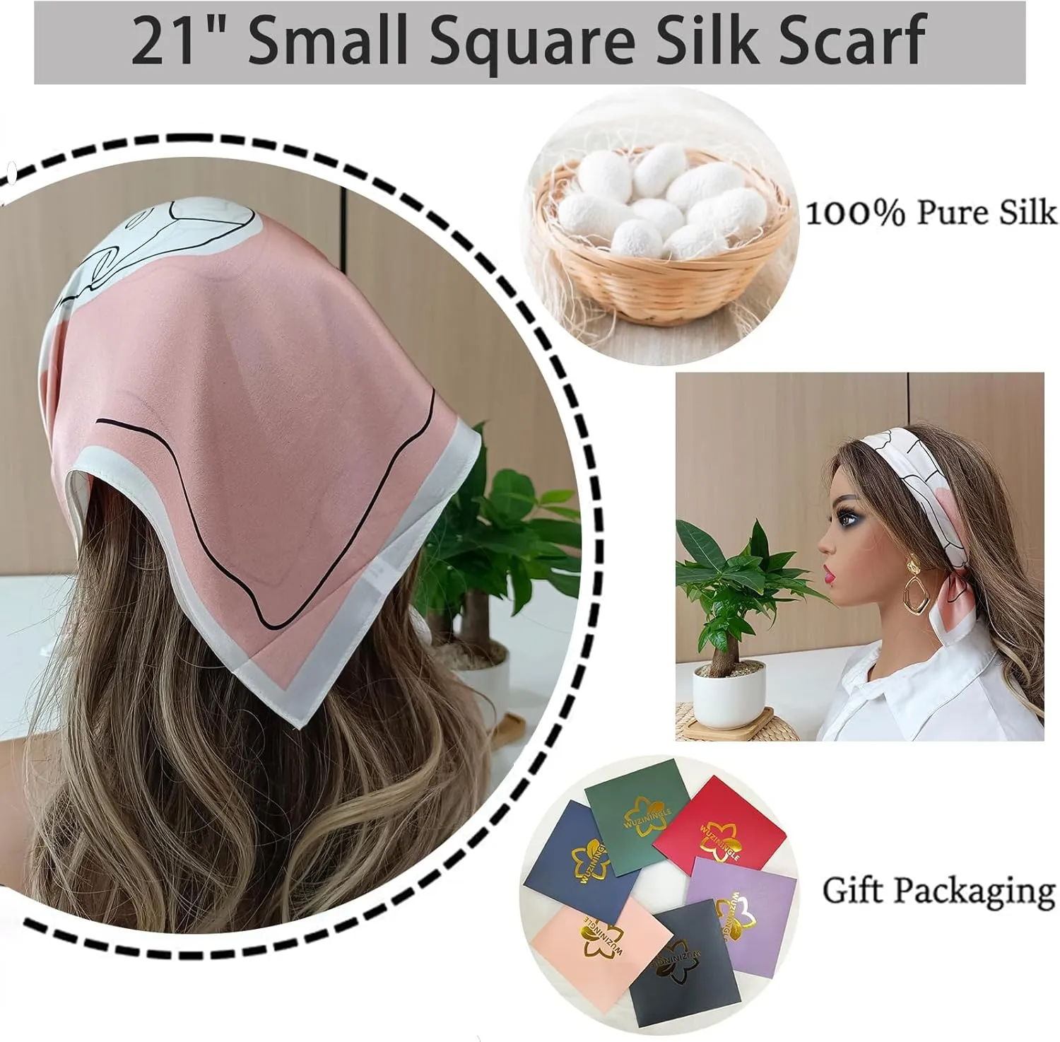 100% Mulberry Silk Neck Scarf, 21"x21" Silk Hair Head Scarf for Women Men, Lightweight Square Silk Scarf Small