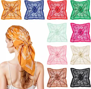 10Pcs 27.5 Inches Satin Head Scarf Square Silk Bandana Fashion Silk Hair Wrap Neck Scarf Boho Headwear for Women Girls