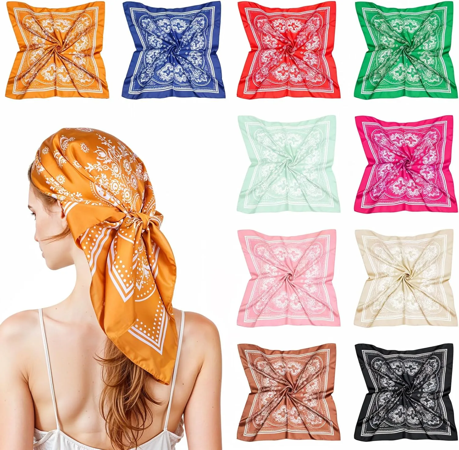 10Pcs 27.5 Inches Satin Head Scarf Square Silk Bandana Fashion Silk Hair Wrap Neck Scarf Boho Headwear for Women Girls