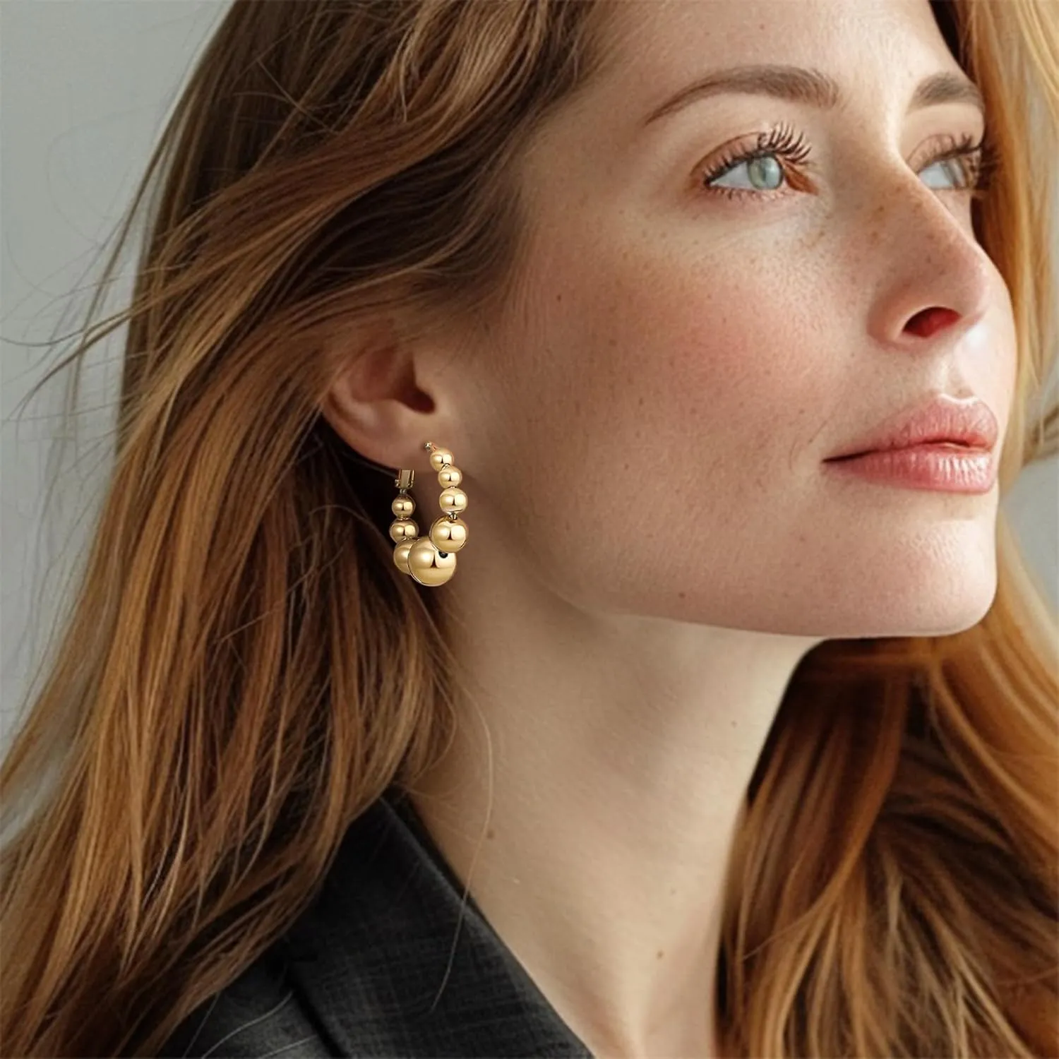 18K Gold Plated Beaded Hoop Earrings for Women, Thick Silver Ball Earrings, Women's Chunky Hoop Earrings, Trendy Jewelry for women