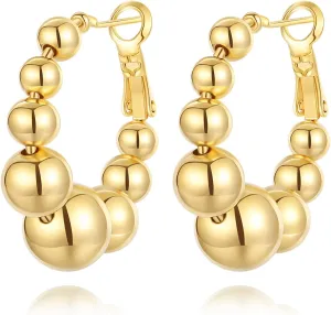 18K Gold Plated Beaded Hoop Earrings for Women, Thick Silver Ball Earrings, Women's Chunky Hoop Earrings, Trendy Jewelry for women