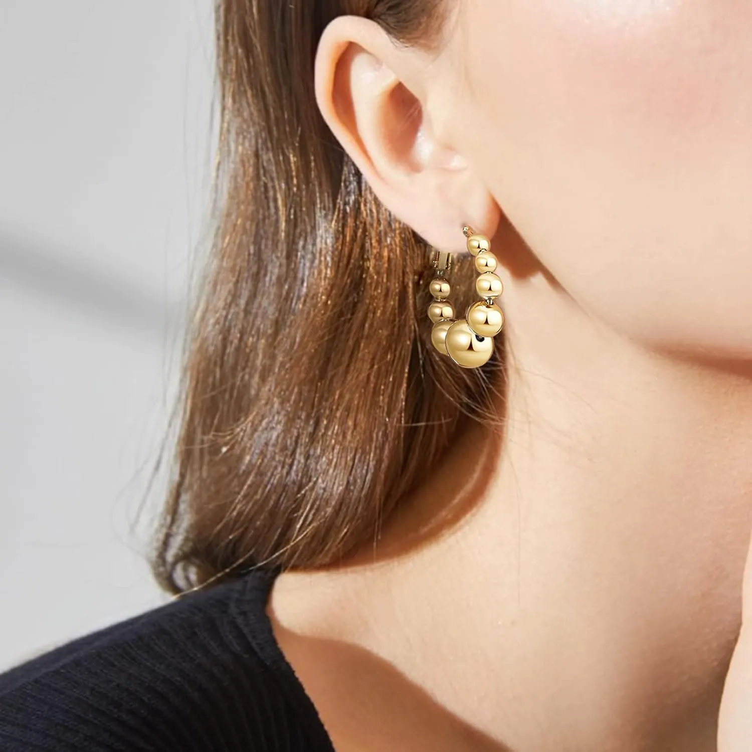 18K Gold Plated Beaded Hoop Earrings for Women, Thick Silver Ball Earrings, Women's Chunky Hoop Earrings, Trendy Jewelry for women