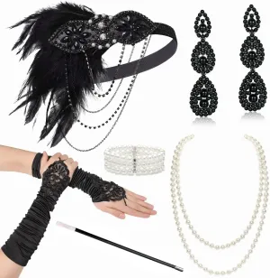 1920s Accessories for Women - Flapper Headpiece Great Gatsby Accessories for Women Pearl Bracelet Necklace Gloves Black
