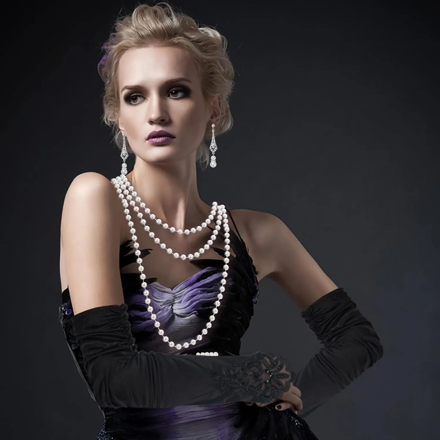 1920s Flapper Accessories Set for Women Roaring 20s Costumes Include Long Pearl Necklace and Earring Set Black Long Gloves for Opera Party