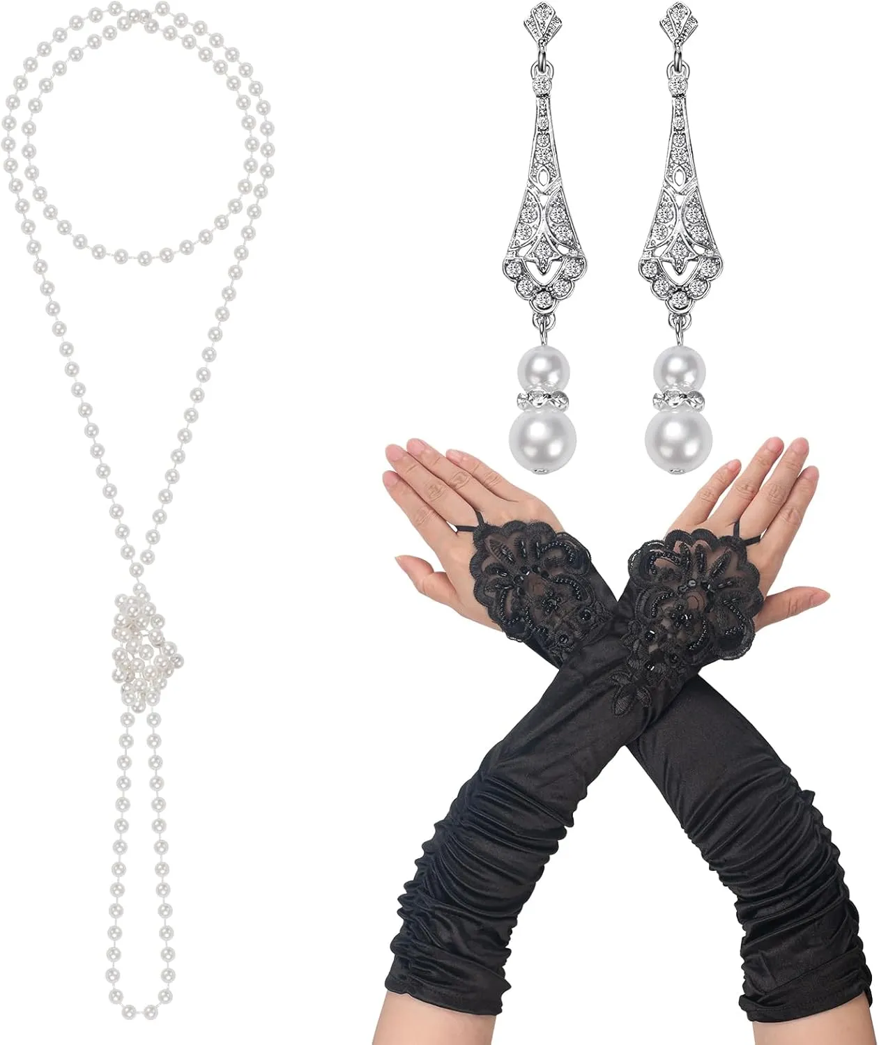 1920s Flapper Accessories Set for Women Roaring 20s Costumes Include Long Pearl Necklace and Earring Set Black Long Gloves for Opera Party