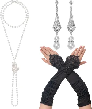 1920s Flapper Accessories Set for Women Roaring 20s Costumes Include Long Pearl Necklace and Earring Set Black Long Gloves for Opera Party