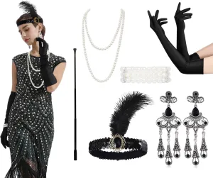 1920s Flapper Accessories Sets for Women Great Costume Headpiece Pearl Necklace Gloves Holder
