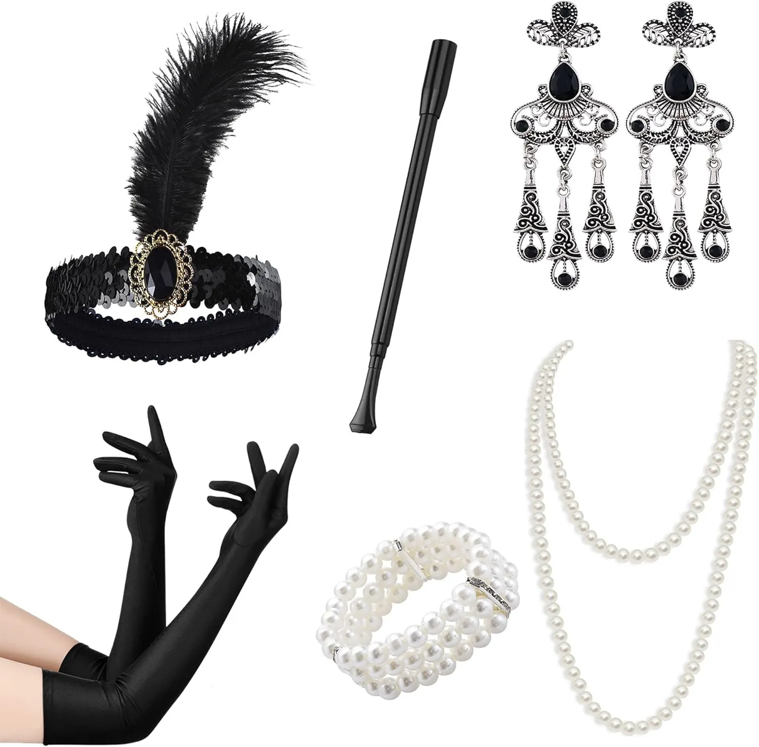 1920s Flapper Accessories Sets for Women Great Costume Headpiece Pearl Necklace Gloves Holder