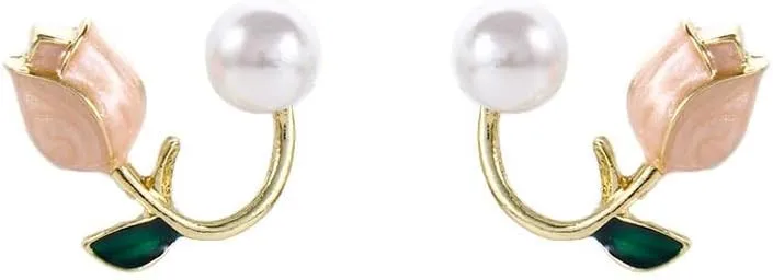 1Pairs Tulip Earrings for Women,Ear Jacket Cuff Earrings,Pearl Flower Front and Back Earrings Tulip Pearl Stud Earrings