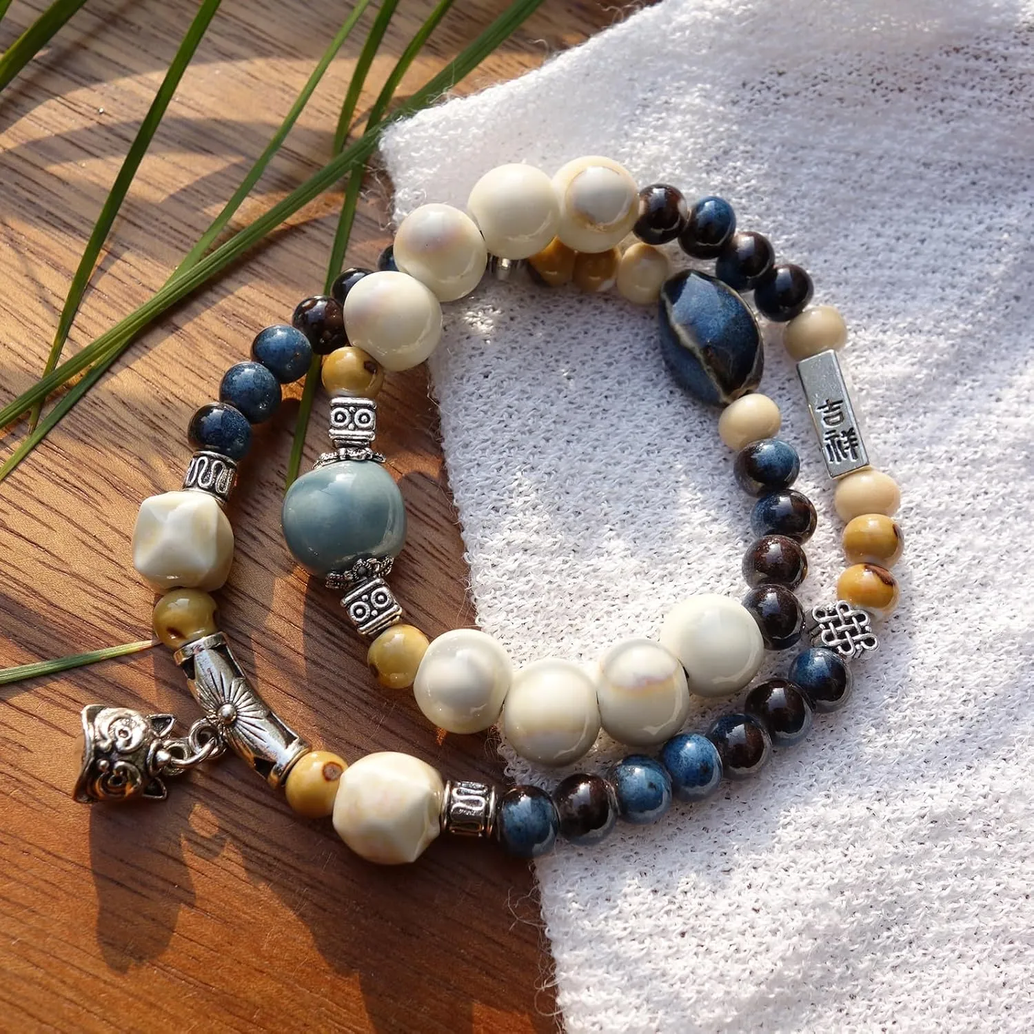 2 Handmade Green Boho Bracelets for Women, Bohemian Ceramic Beads Bracelets for Friends, Trendy Porcelain Stone Beaded Bracelets for Sisters