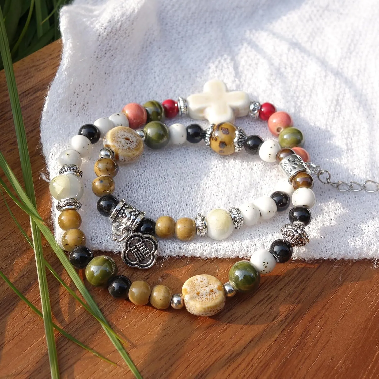 2 Handmade Green Boho Bracelets for Women, Bohemian Ceramic Beads Bracelets for Friends, Trendy Porcelain Stone Beaded Bracelets for Sisters