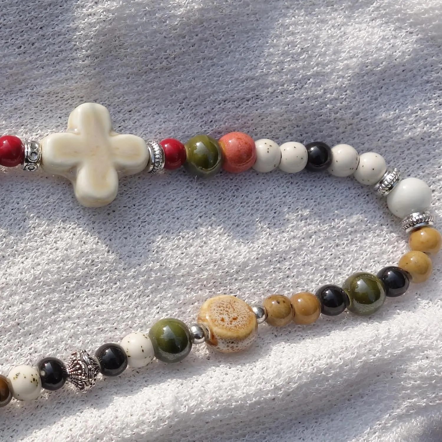 2 Handmade Green Boho Bracelets for Women, Bohemian Ceramic Beads Bracelets for Friends, Trendy Porcelain Stone Beaded Bracelets for Sisters