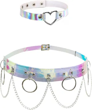 2 Pieces Rave Belt Holographic Heart Choker Punk Waist Chain Belts for Women Festival Outfits Fancy Girls Party