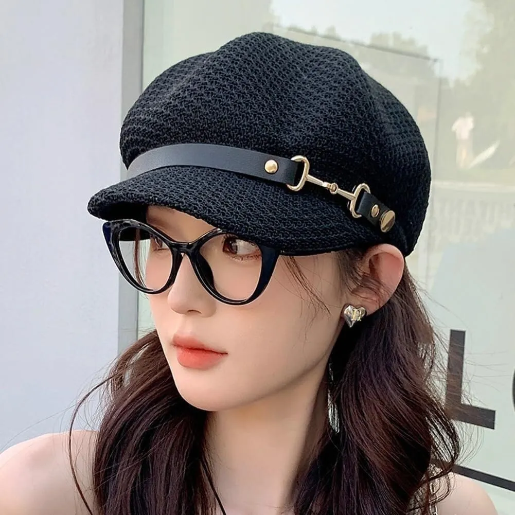 2025 Summer Breathable Mesh Newsboy Cap Women's Fashion Knitted Sun Hat Retro French Beret Casual Painter Artist Hat