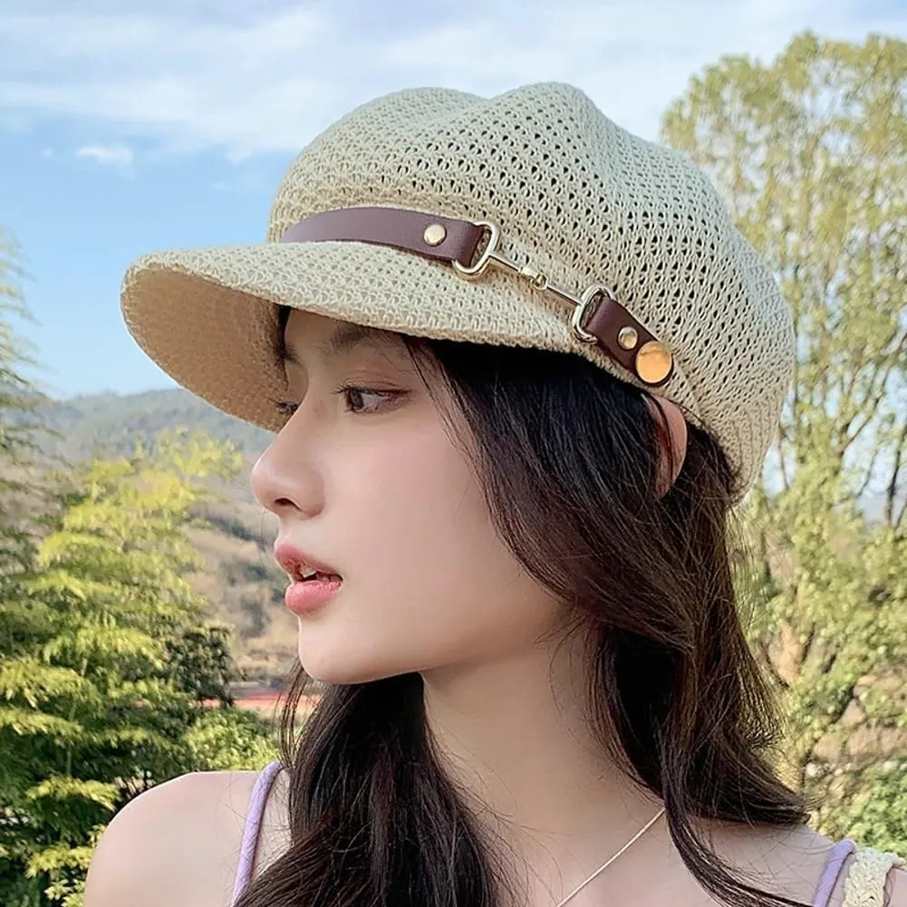2025 Summer Breathable Mesh Newsboy Cap Women's Fashion Knitted Sun Hat Retro French Beret Casual Painter Artist Hat