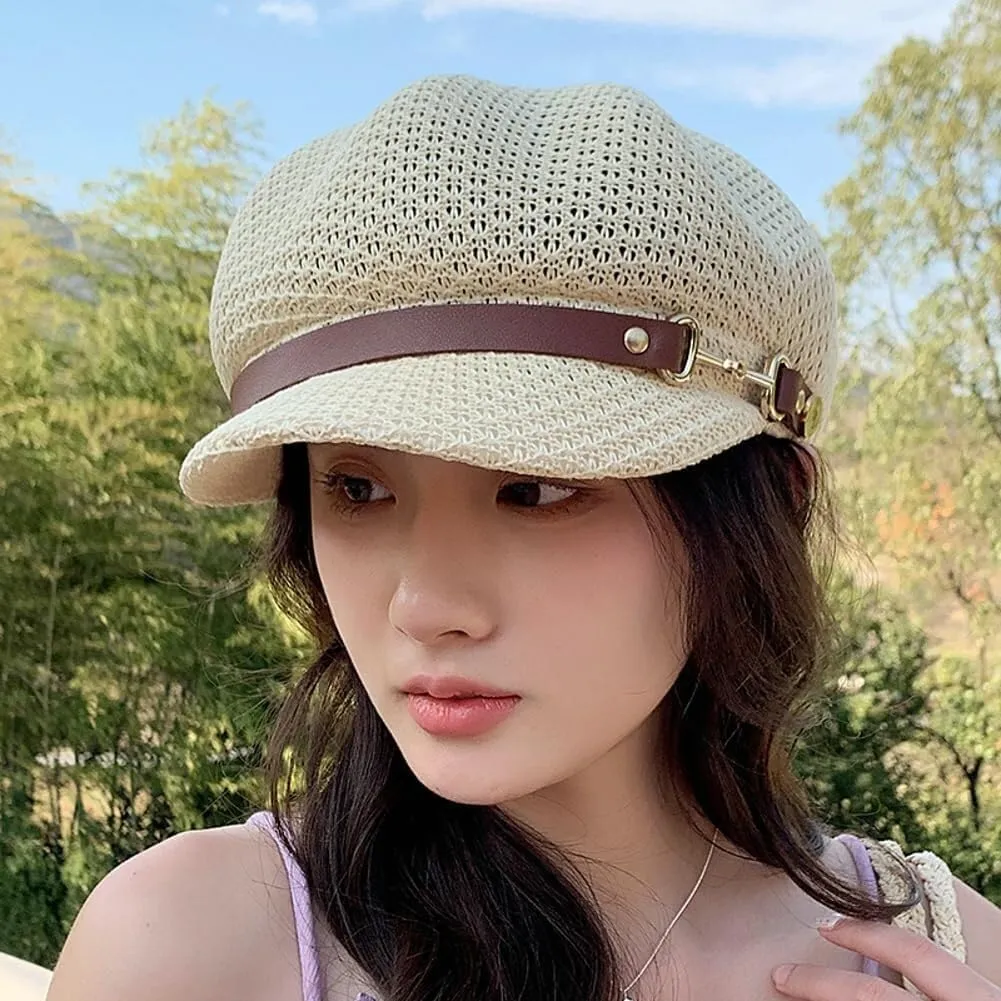 2025 Summer Breathable Mesh Newsboy Cap Women's Fashion Knitted Sun Hat Retro French Beret Casual Painter Artist Hat