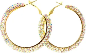2.25 Inch Hoop Crystal Hoop Earrings Gold Tone Iridescent Crystal Hoops