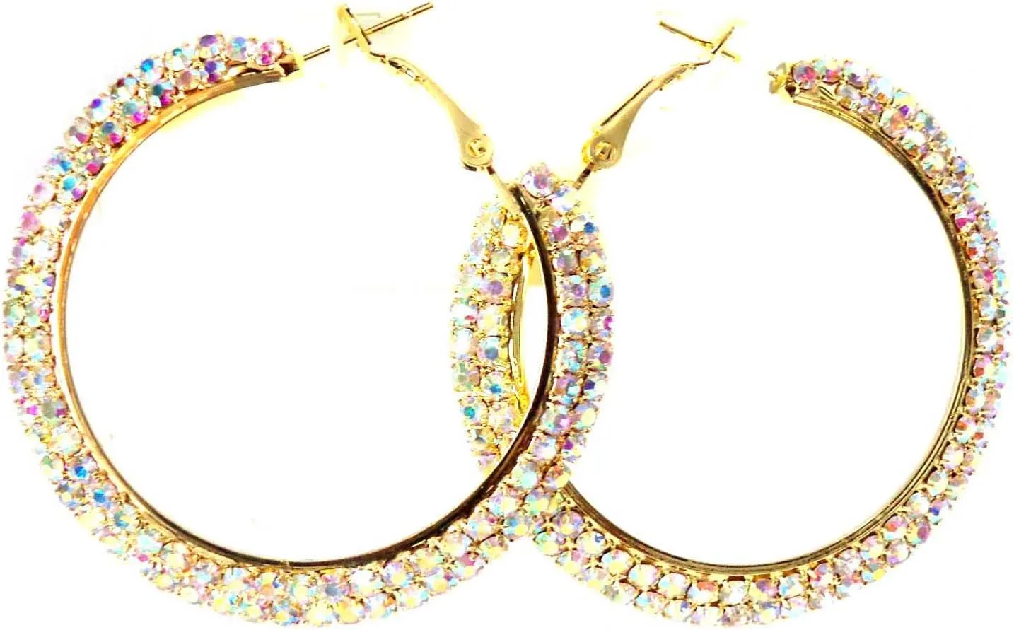 2.25 Inch Hoop Crystal Hoop Earrings Gold Tone Iridescent Crystal Hoops