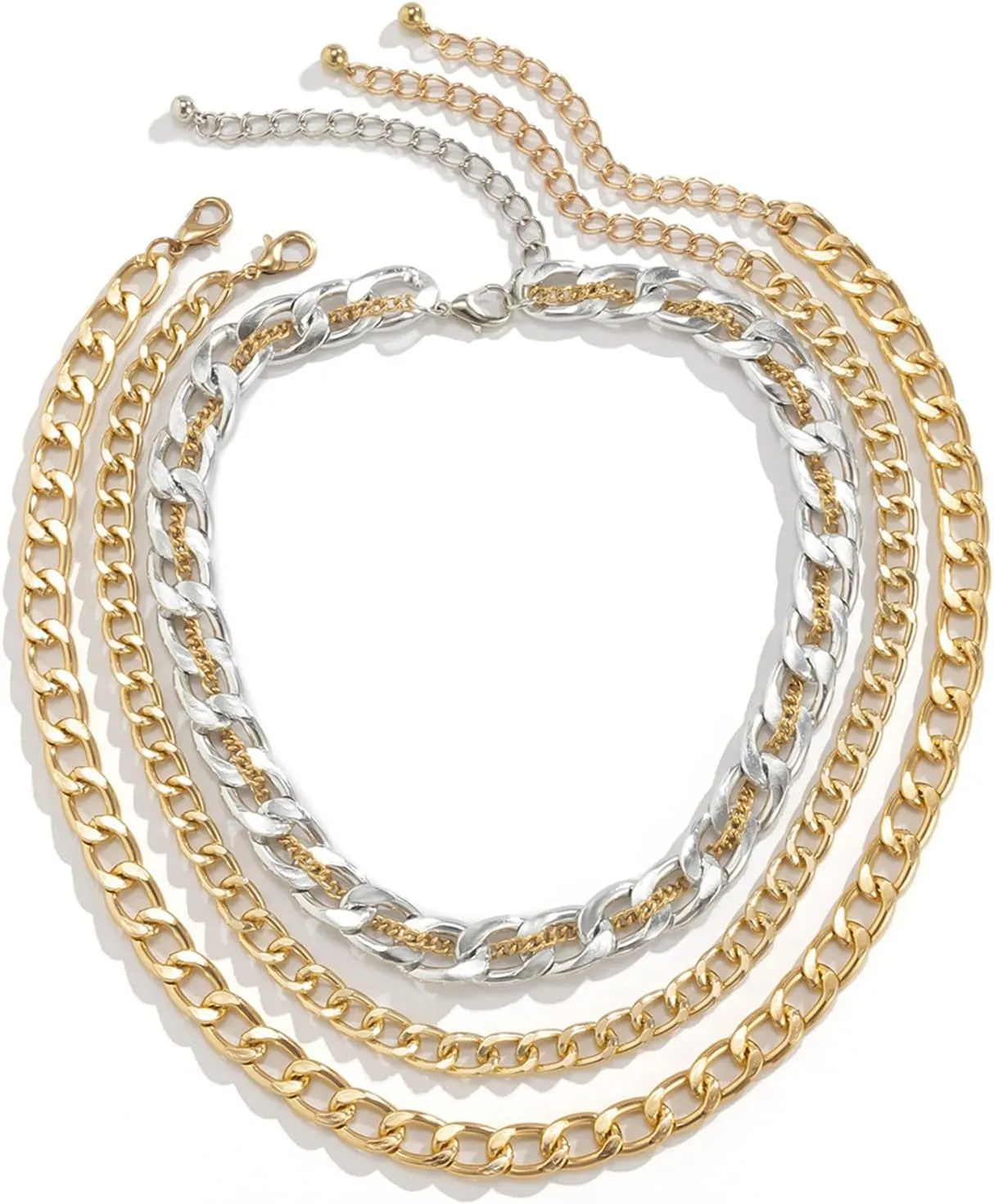 3 Layered Necklaces for Womens, Layered Necklaces for Women Vintage Adjustable Gold Plated Silver Gold Cuban Chain Necklace