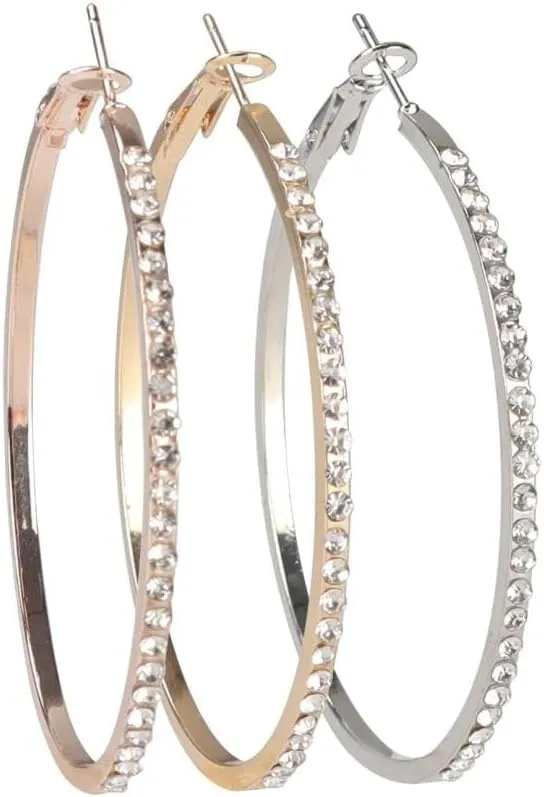 3 Pairs 50mm Large Hoop Earrings for Women, 6pcs Big Thick Hoop with Cubic Zirconia, Gold, Silver, Rose Gold