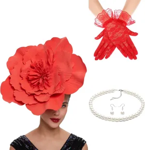4 Pack Large Flower Fascinators Hat for Women Headband Tea Party with Lace Gloves Necklace Earrings Set for Women Girls