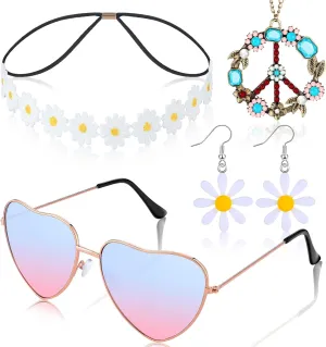 4 Pcs Hippie Costume Accessories Set 70s Peace Sign 60s Outfits for Women Necklace Daisy Earrings Flower Headband Sunglasses