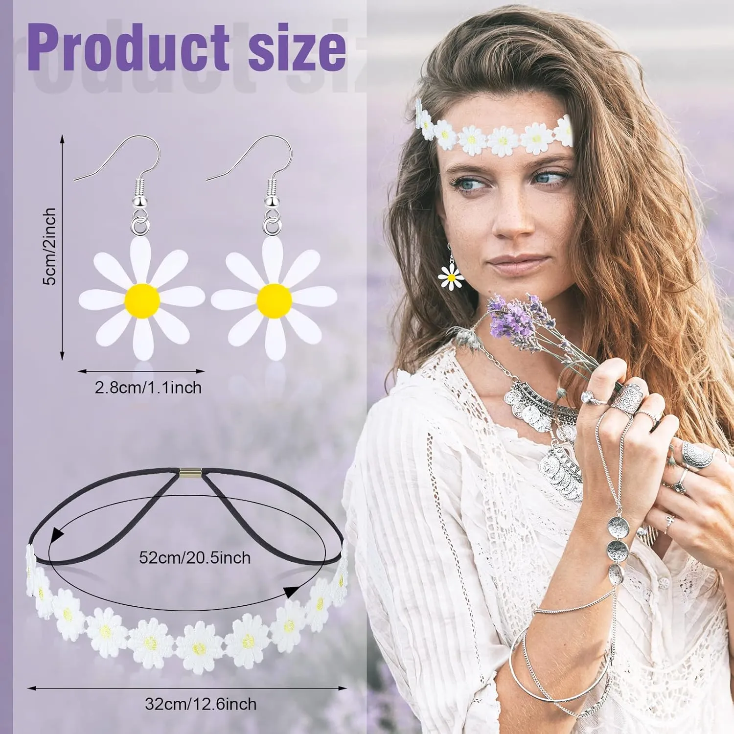 4 Pcs Hippie Costume Accessories Set 70s Peace Sign 60s Outfits for Women Necklace Daisy Earrings Flower Headband Sunglasses