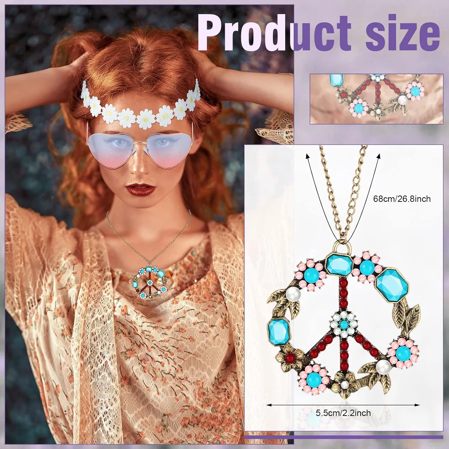 4 Pcs Hippie Costume Accessories Set 70s Peace Sign 60s Outfits for Women Necklace Daisy Earrings Flower Headband Sunglasses