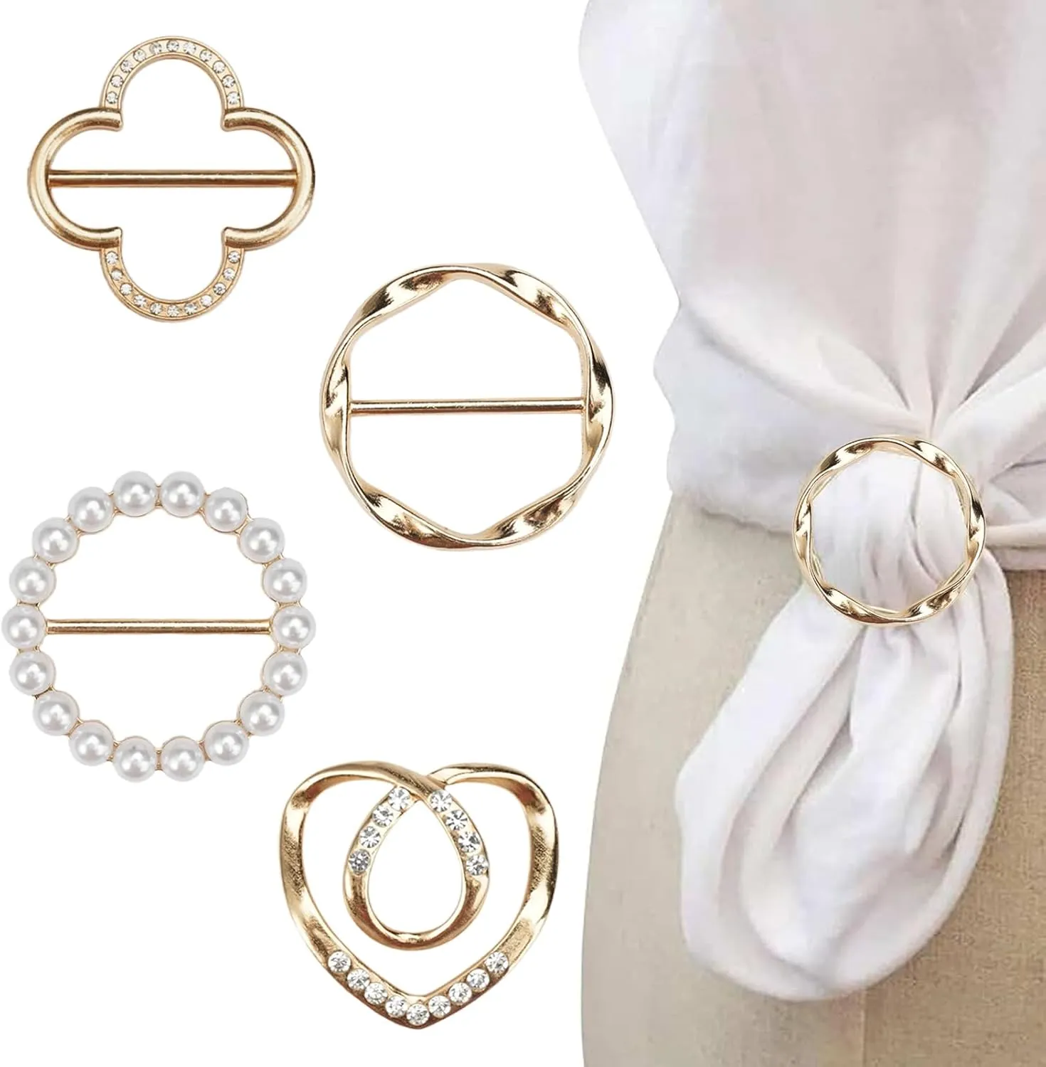 4PCS Scarf Ring Clip-T-Shirt Clip Clothes Corner Knotted Button for Women Fashion Rhinestone Round Circle Clip