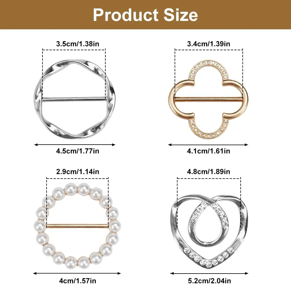 4PCS Scarf Ring Clip-T-Shirt Clip Clothes Corner Knotted Button for Women Fashion Rhinestone Round Circle Clip