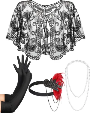 5 Pcs 1920s Flapper Accessories Set Women Roaring 20s Shawl Feather Headpiece Faux Pearl Necklace Long Gloves