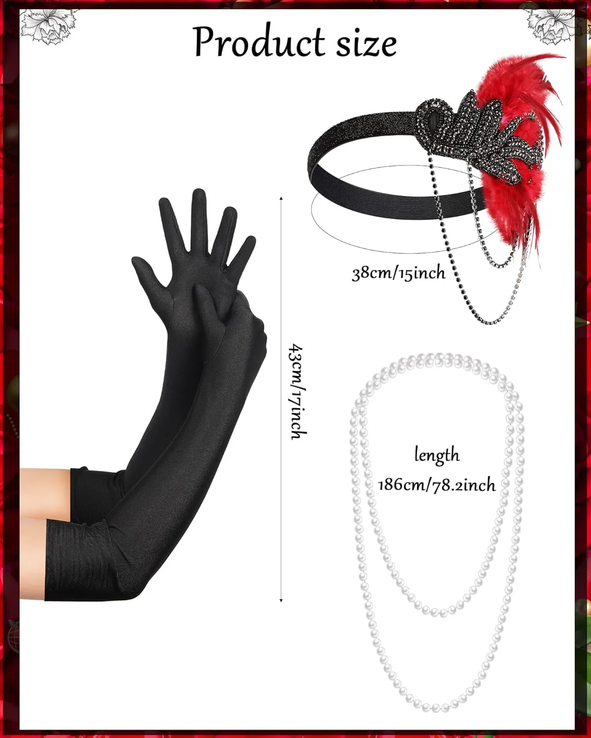 5 Pcs 1920s Flapper Accessories Set Women Roaring 20s Shawl Feather Headpiece Faux Pearl Necklace Long Gloves