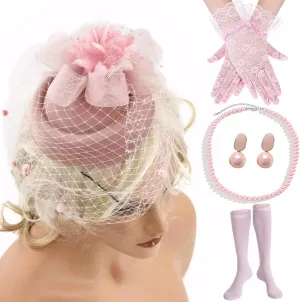 5Pcs Tea Party Accessories for Women 1920s Fascinators Hats for Women with Tea Party Hat Lace Gloves Socks Pearl Jewelry Set