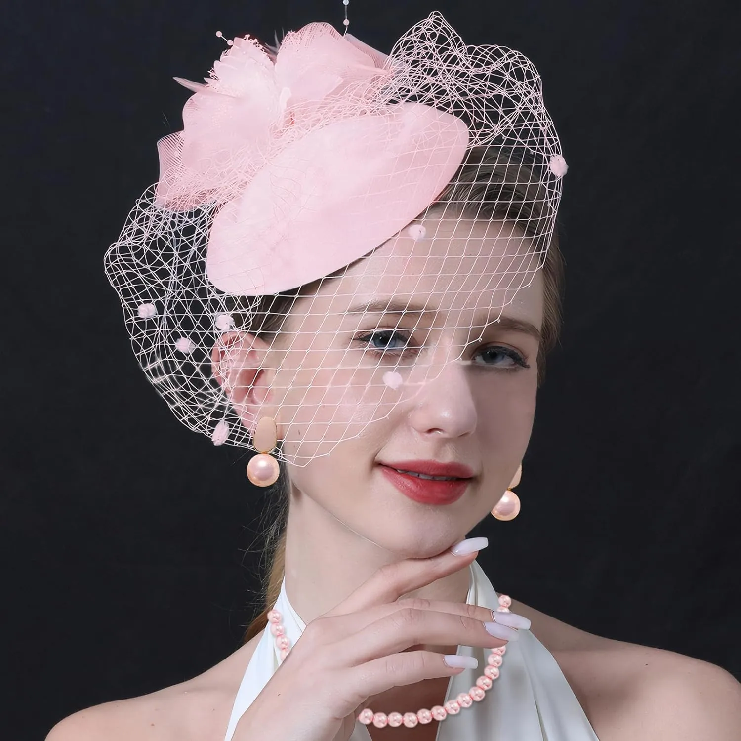 5Pcs Tea Party Accessories for Women 1920s Fascinators Hats for Women with Tea Party Hat Lace Gloves Socks Pearl Jewelry Set