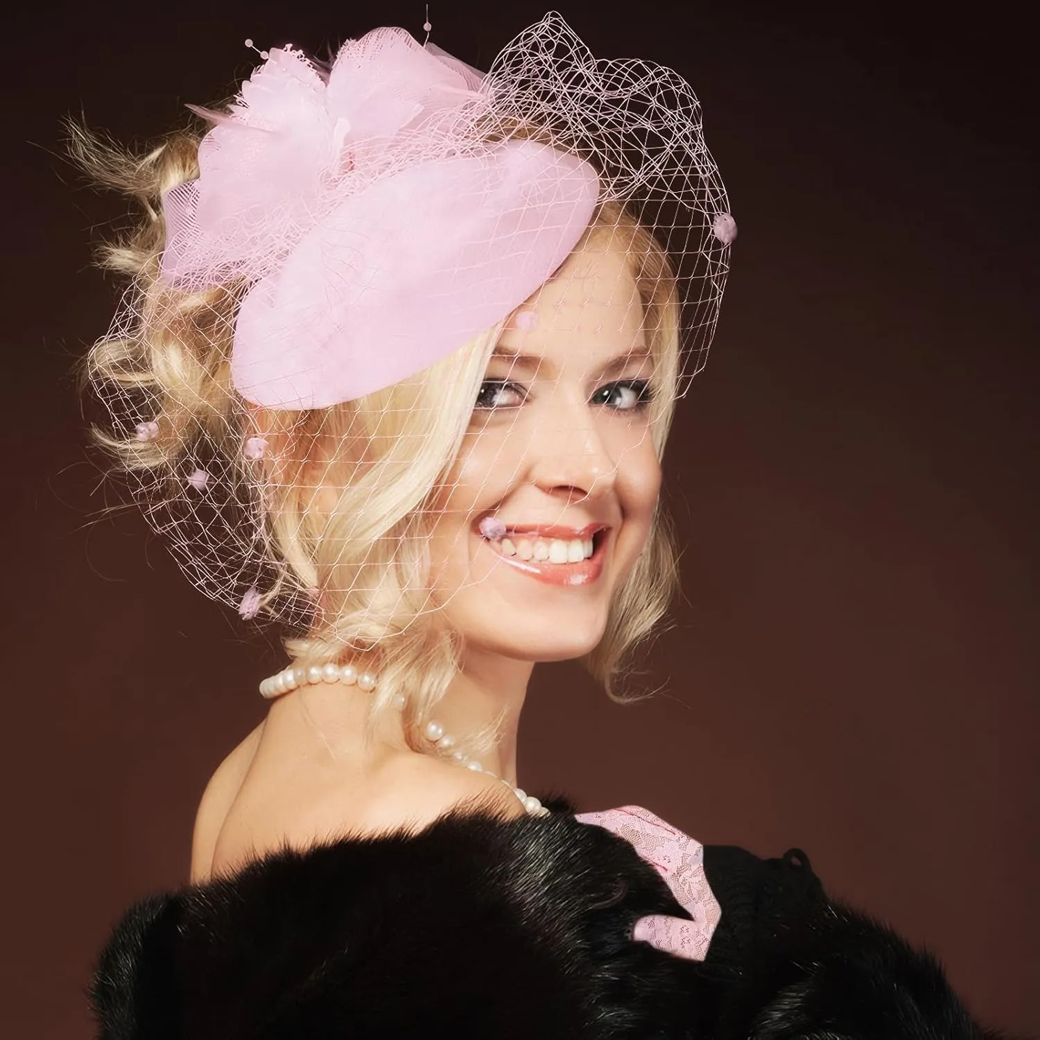 5Pcs Tea Party Accessories for Women 1920s Fascinators Hats for Women with Tea Party Hat Lace Gloves Socks Pearl Jewelry Set
