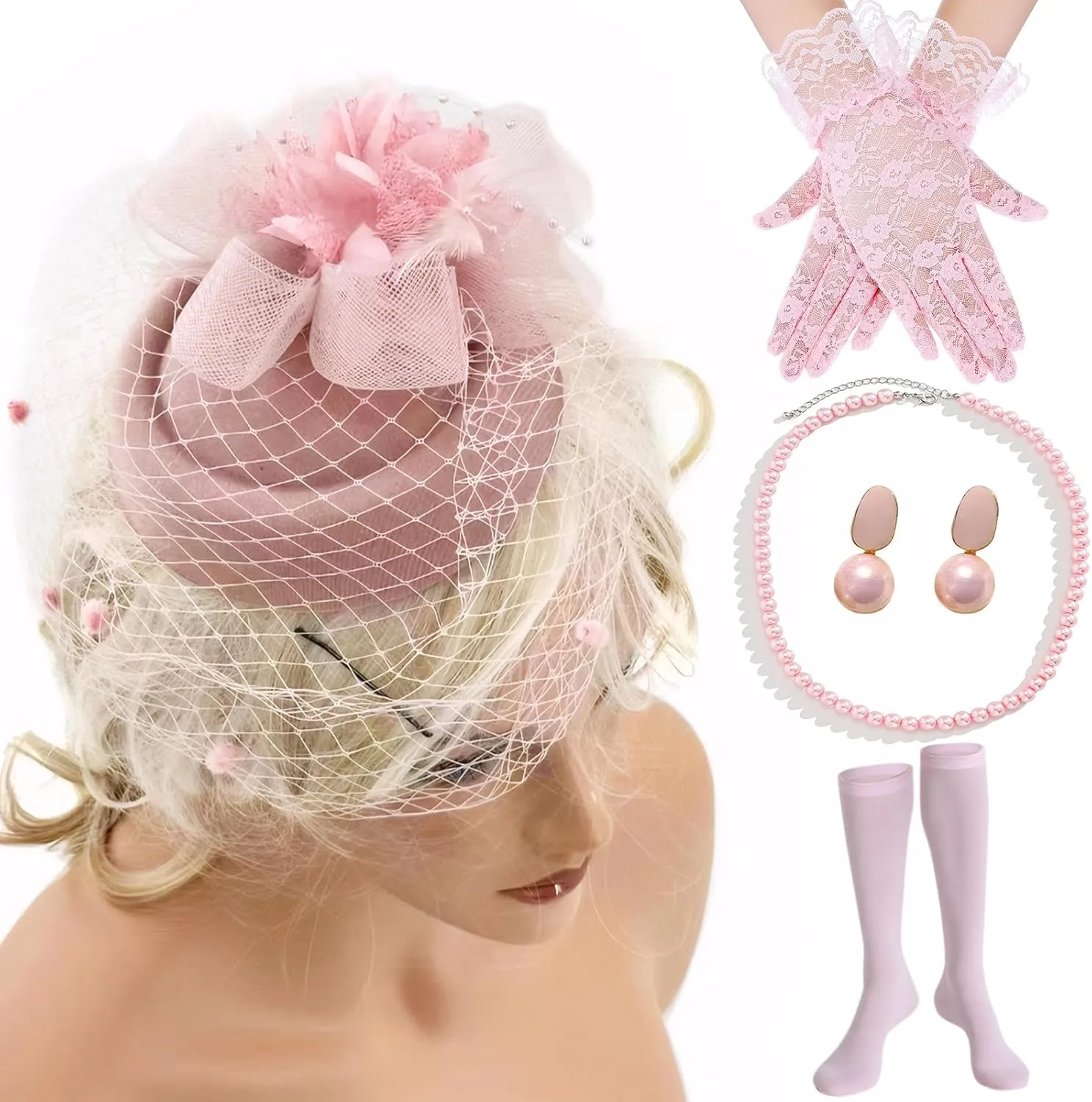5Pcs Tea Party Accessories for Women 1920s Fascinators Hats for Women with Tea Party Hat Lace Gloves Socks Pearl Jewelry Set