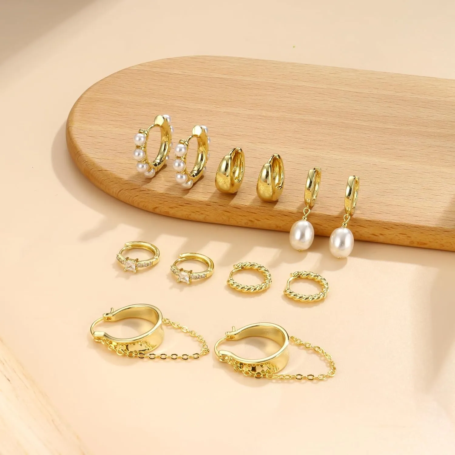 6 Pairs 14K Gold Plated Hoop Earrings for Women Trendy Chunky Hoop Earrings Stack Multipack Huggie Hoops Pearl Chain Dangle Gold Hoop Earrings Set