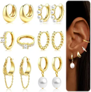 6 Pairs 14K Gold Plated Hoop Earrings for Women Trendy Chunky Hoop Earrings Stack Multipack Huggie Hoops Pearl Chain Dangle Gold Hoop Earrings Set