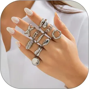 6PCS Chunky Gold Rings for Women Golden/Silver Opening Adjustable Rings Dainty Chunky Statement Dome Rings Set Baroque Pearl Flower Stackable Rings Trendy Jewelry Set for Women