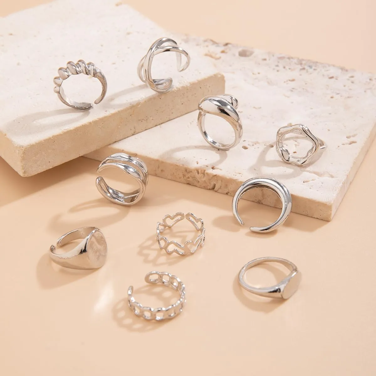 6PCS Chunky Gold Rings for Women Golden/Silver Opening Adjustable Rings Dainty Chunky Statement Dome Rings Set Baroque Pearl Flower Stackable Rings Trendy Jewelry Set for Women
