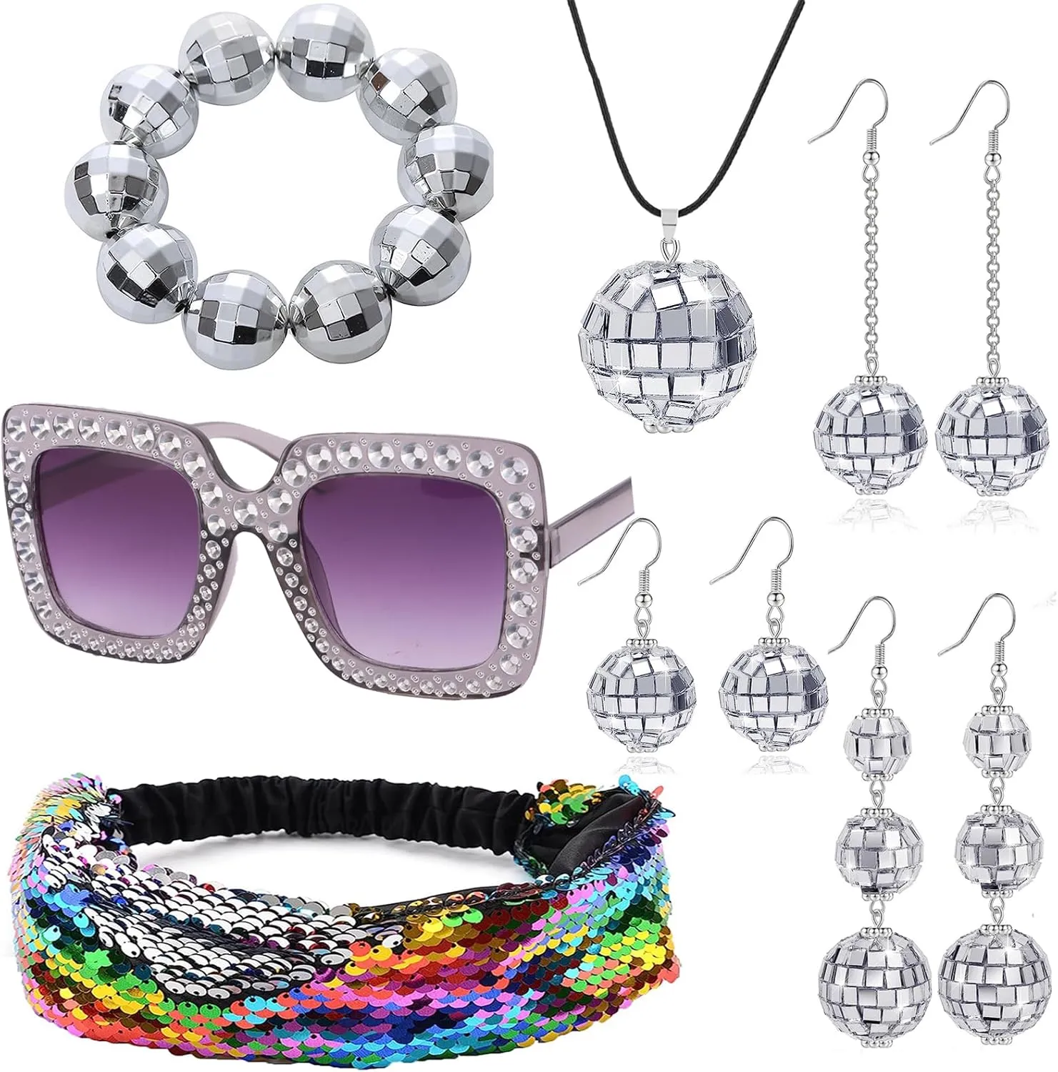 7 Pieces 1970s Disco Accessories Set Disco Mirror Ball Earrings Necklace Bracelet Bling Headband Retro Sunglasses for Women