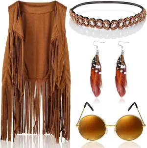 70S Inspired Hippie Costume Set For Women, Tassel Vest, Boho Earrings & Headband, Retro Sunglasses