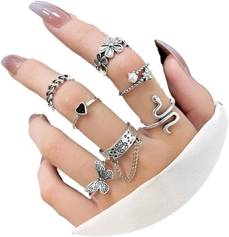 7Pcs Vintage Silver Punk Snake Chain Rings for Woman Rings Chain Sets,Snake Butterfly Heart Knuckle Ring Chain Open Stackable Rings Sets for Men Rings