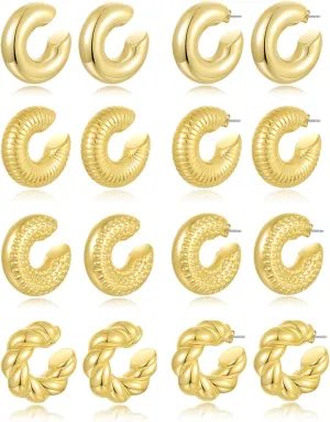 8 Pairs Chunky Ear Cuff Earrings Hollow Lightweight Hoop Earring Set Large Thick Minimalist Huggie Clip On Cartilage Wraps Jewelry Gift For Women Men Gold Silver Tone