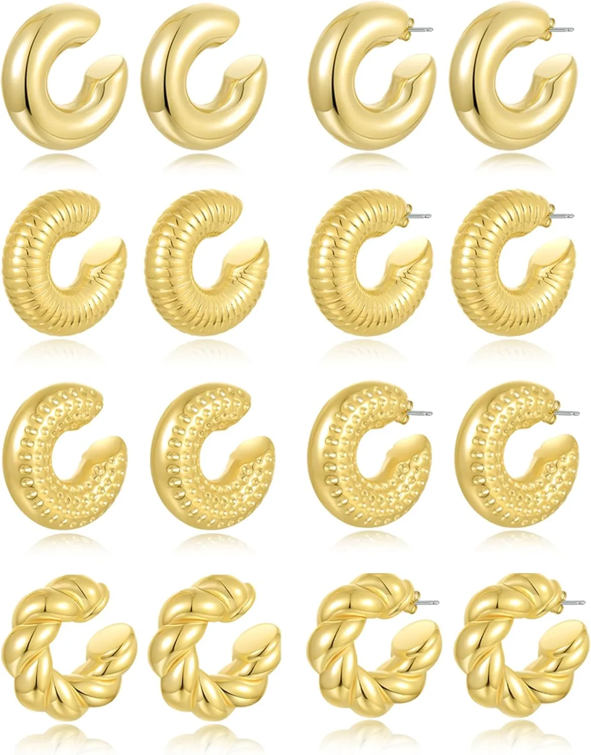 8 Pairs Chunky Ear Cuff Earrings Hollow Lightweight Hoop Earring Set Large Thick Minimalist Huggie Clip On Cartilage Wraps Jewelry Gift For Women Men Gold Silver Tone