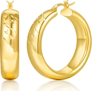 8mm Wide Chunky Gold Hoops 14K Real Gold Plated Hypoallergenic 925 Sterling Silver Hoops Lightweight Big Gold Hoop Earrings for Women 30/40/50/60mm