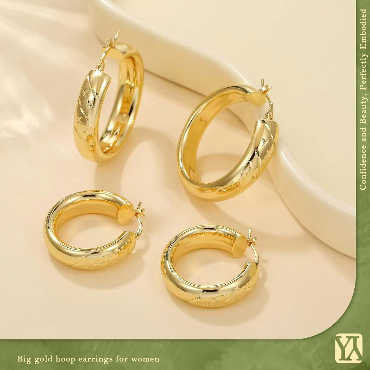 8mm Wide Chunky Gold Hoops 14K Real Gold Plated Hypoallergenic 925 Sterling Silver Hoops Lightweight Big Gold Hoop Earrings for Women 30/40/50/60mm